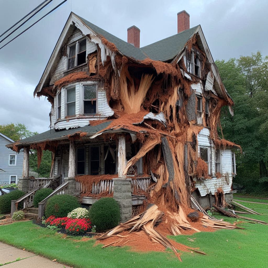 Damaged tree on an Somerville home showing signs of disease and decay